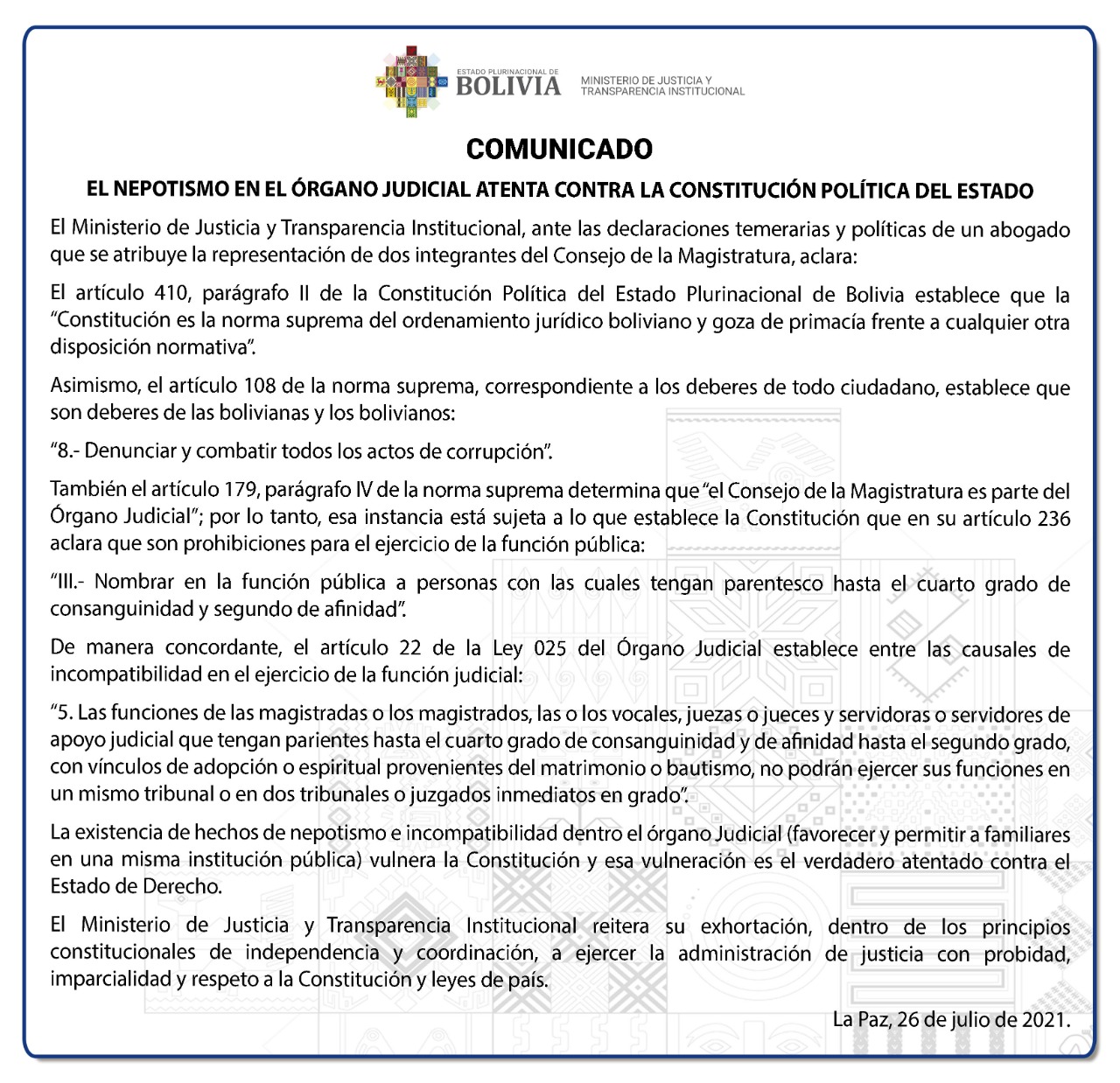Ministerio de Justicia recuerda que el nepotismo en el Órgano Judicial atenta contra la Constitución y el estado de derecho