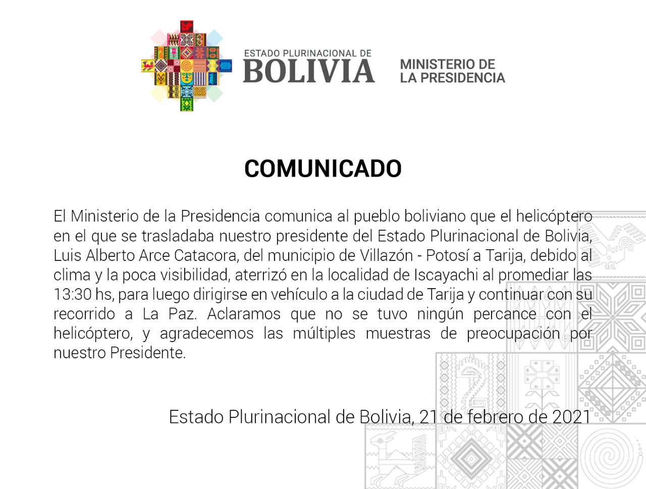 Ministerio de la Presidencia aclara que el helicóptero que trasladaba al presidente Arce “no tuvo ningún percance”