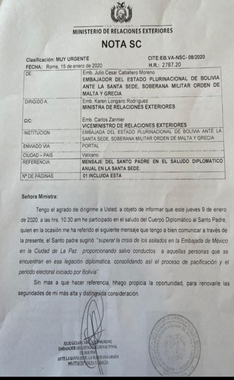 Áñez y la Conferencia Episcopal sabían del pedido del Papa para liberar a los asilados en 2019, pero guardaron silencio