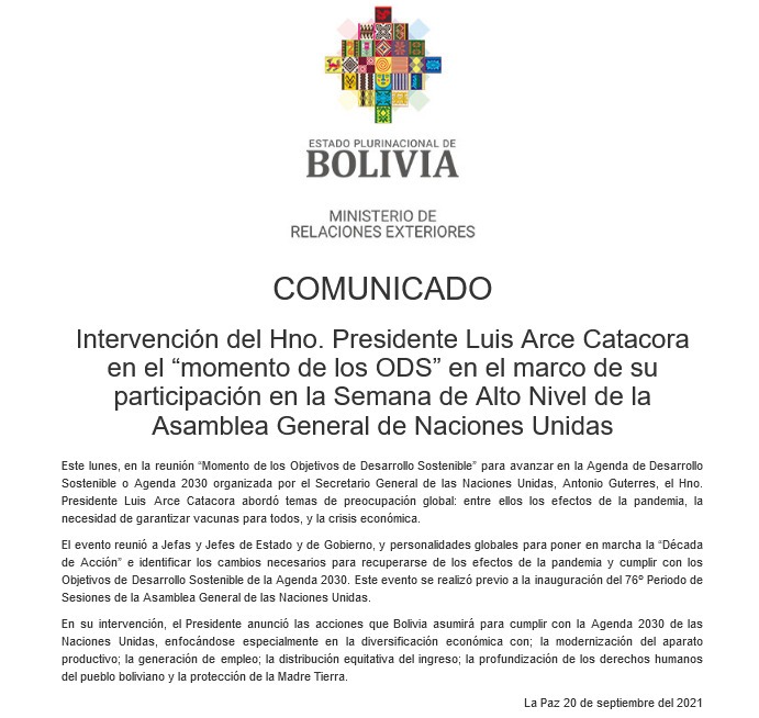 Presidente Arce anuncia acciones para cumplir la Agenda 2030 de las Naciones Unidas