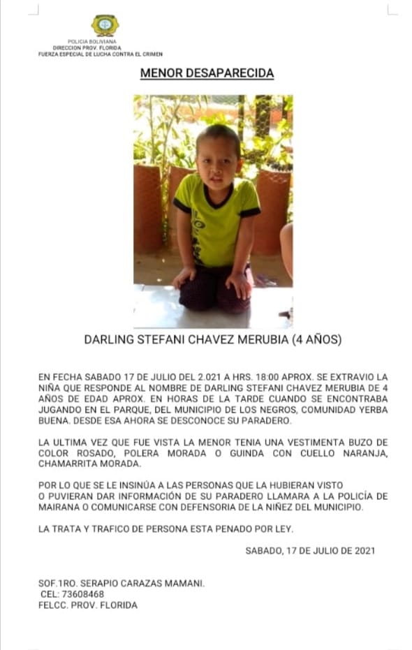 Encuentran sin vida a la niña Darling en Santa Cruz