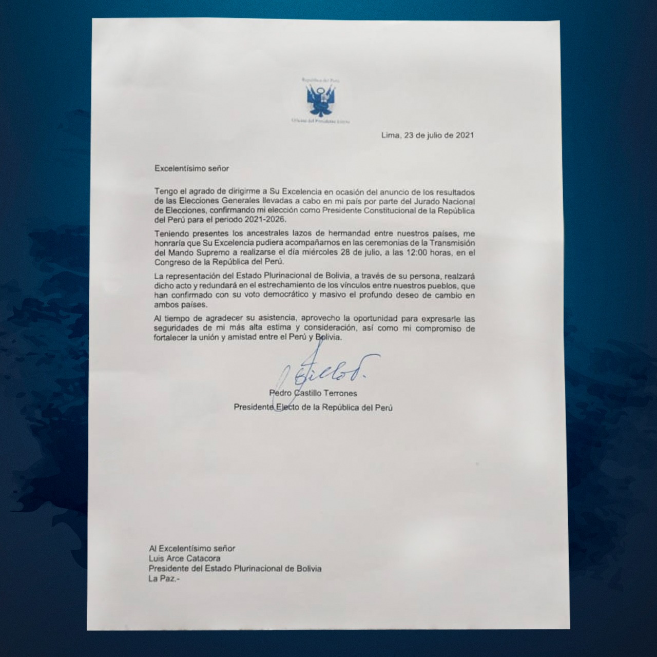 Presidente Arce asistirá a la posesión de Pedro Castillo el próximo 28 de julio en Lima