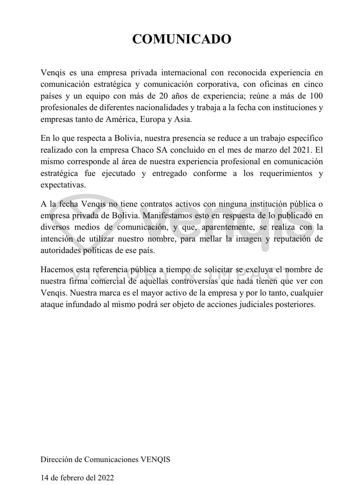 Empresa Venquis, a la fecha, no tiene contratos activos con ninguna institución pública o privada en Bolivia