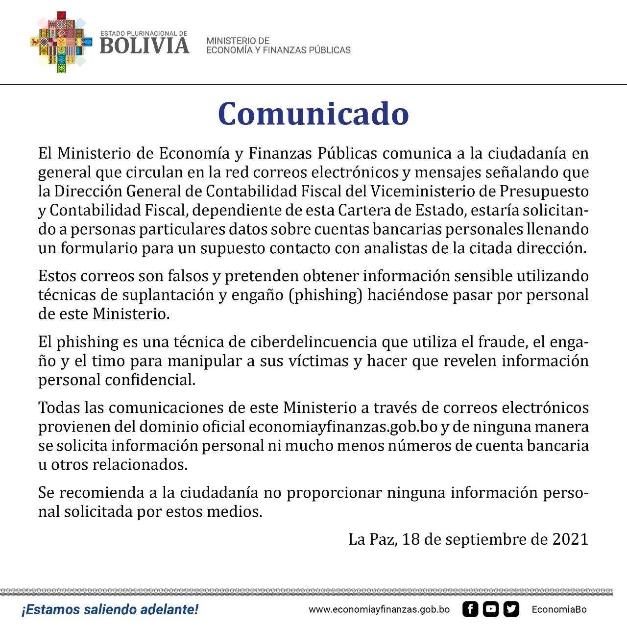 Economía aclara que no solicita datos personales ni de cuentas bancarias y pide no caer en estafas
