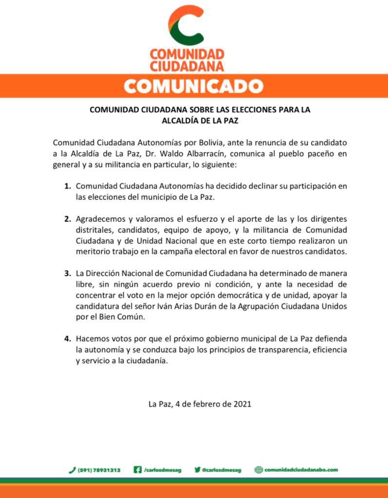 Comunidad Ciudadana decide apoyar candidatura de Arias tras renuncia de Albarracín