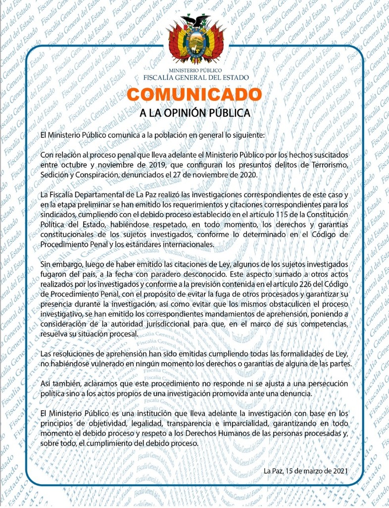 Fiscalía garantiza debido proceso y respeto a derechos de investigados en el caso golpe de Estado