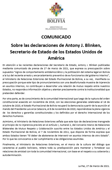 Bolivia califica como injerencia el pronunciamiento del Secretario de Estado de EEUU