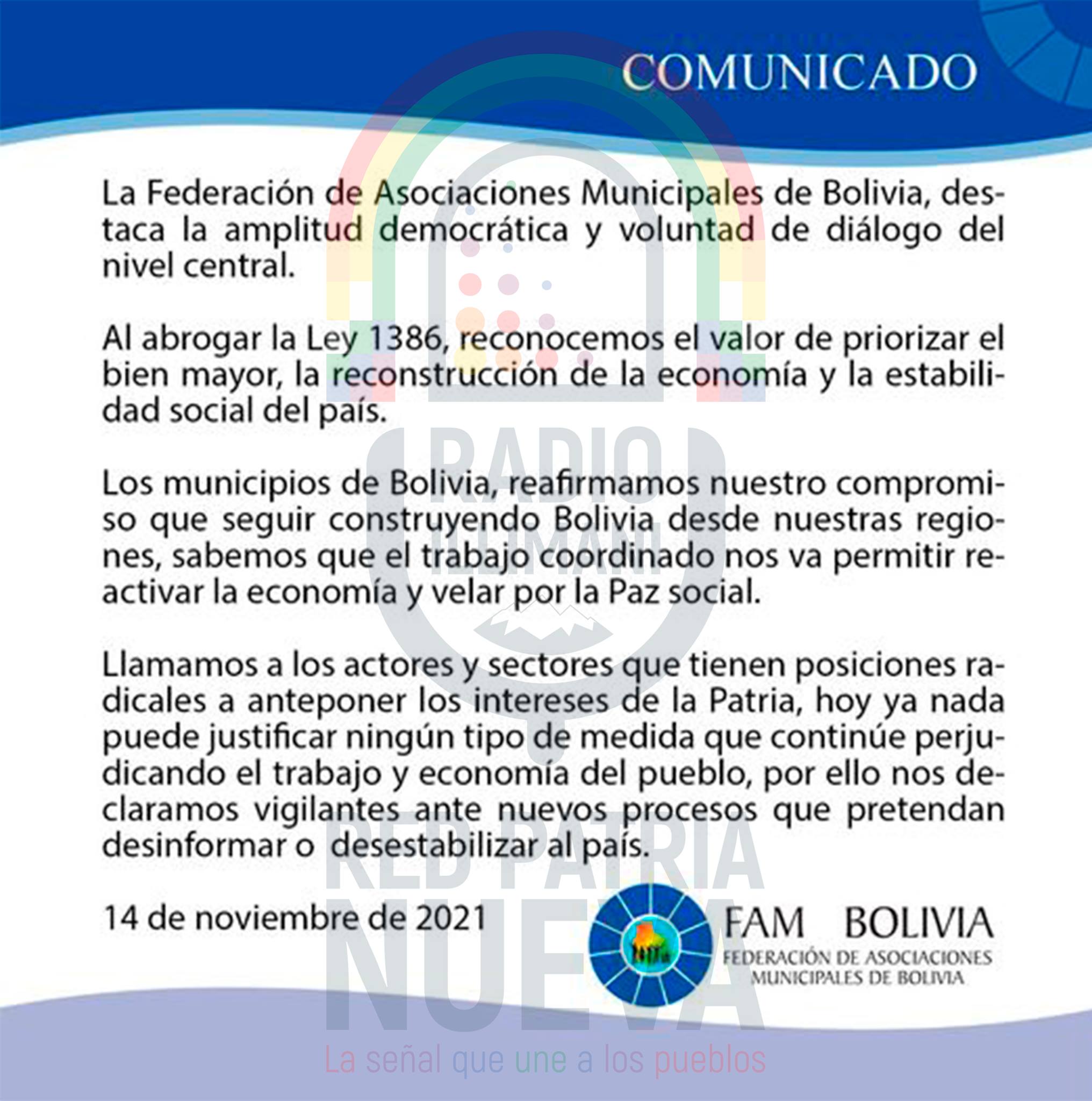 FAM-Bolivia pide a sectores anteponer los intereses de la patria y no perjudicar la economía del pueblo