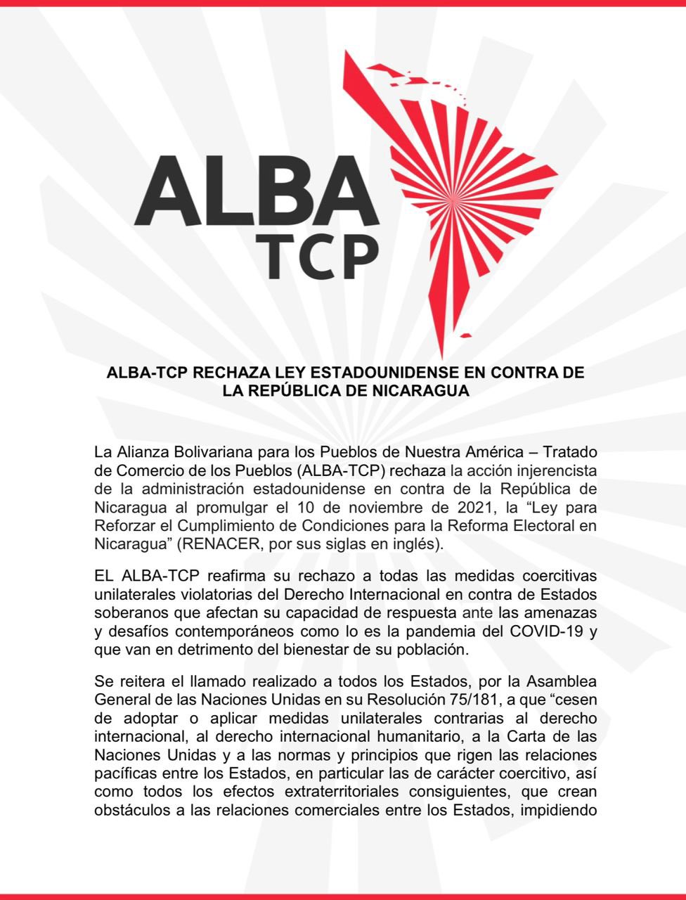 ALBA-TCP rechaza injerencia de EEUU en contra de Nicaragua