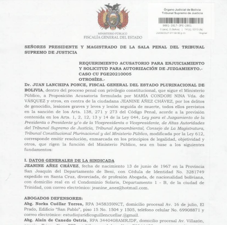 Fiscalía pide 30 años de cárcel para Jeanine Áñez por su “aquiescencia” en el genocidio y ejecuciones extrajudiciales ocurridas en Sacaba y Senkata