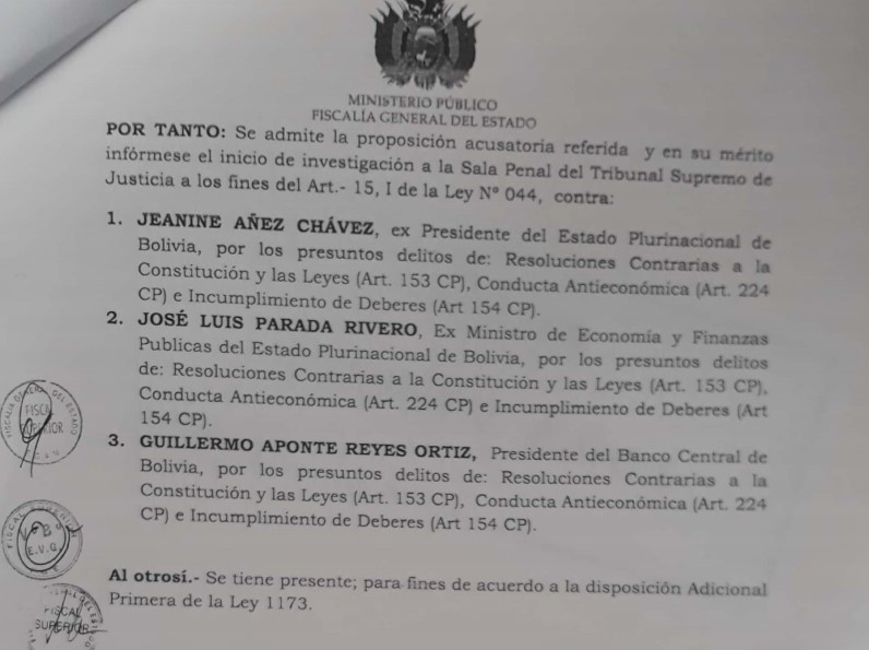 Fiscalía General admite tres de las cuatro acusaciones para juicio de responsabilidades contra Áñez