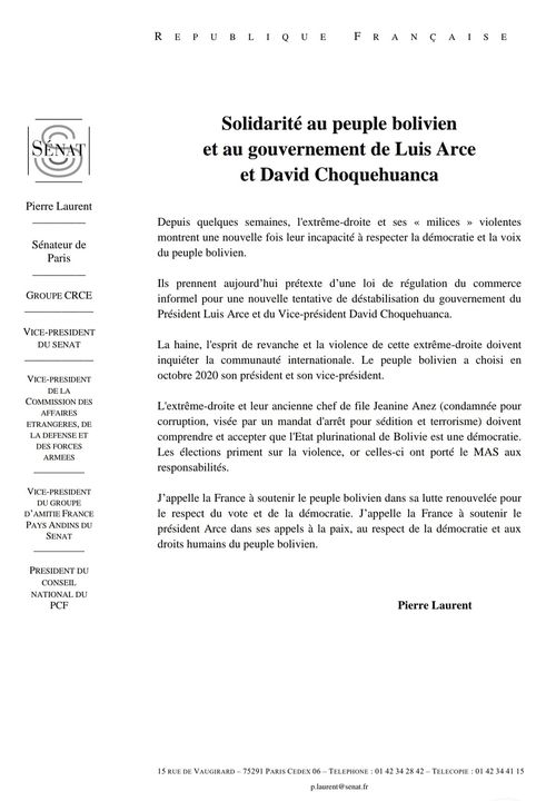 Vicepresidencia del Senado de Francia se solidariza con el gobierno de Luis Arce ante ataques de la derecha