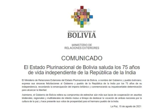 Bolivia felicita a la Republica de la India por sus 75 años de independencia y destaca su inquebrantable lucha por la paz