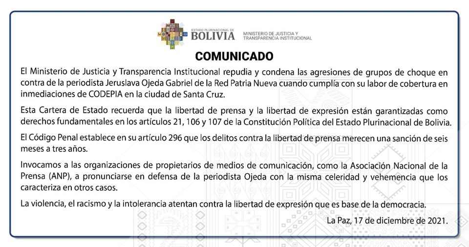 Ministerio de Justicia pide que Asociación Nacional de la Prensa se pronuncie en defensa de periodista agredida en Santa Cruz