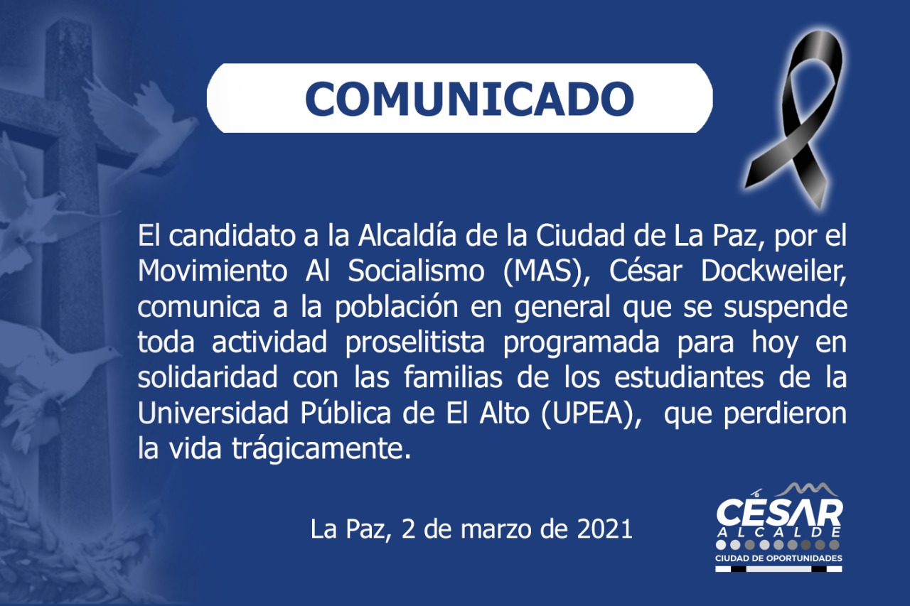 MAS decide suspender su cierre de campaña y toda actividad proselitista en solidaridad con la tragedia de la UPEA