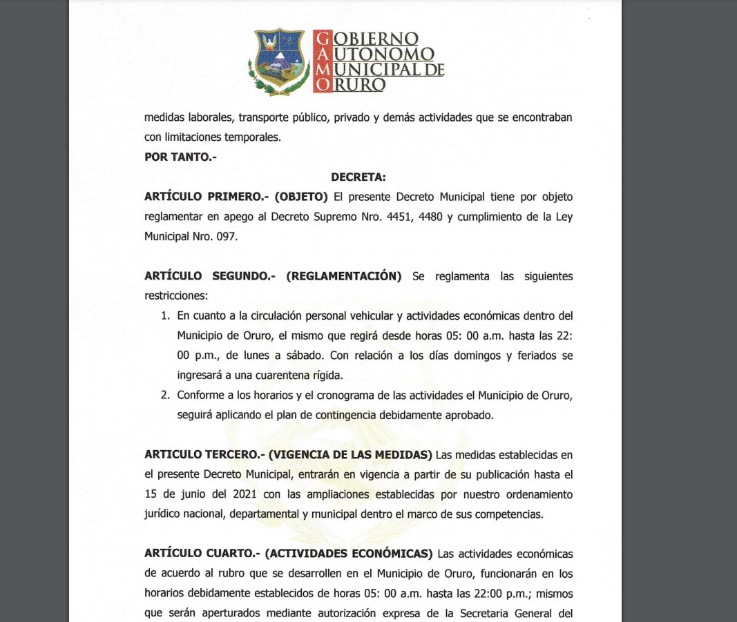Oruro aprueba restricción vehicular y peatonal desde las 22:00 hasta las 05:00, de lunes a sábado, y cuarentena rígida los domingos