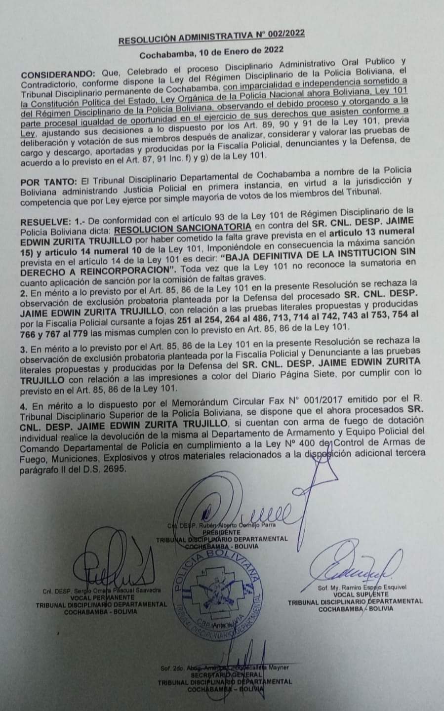 Tribunal policial determina la baja definitiva del excoronel Jaime Zurita por el motín de 2019 y por la masacre de Sacaba