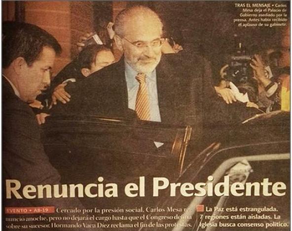 Ministro de Gobierno pide a Mesa recordar que tras sus renuncias a la presidencia en 2005 se siguieron los pasos constitucionales