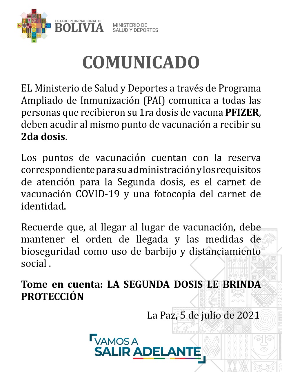 Ministerio de Salud pide que población acuda a centros de inmunización para recibir segunda dosis de vacuna Pfizer