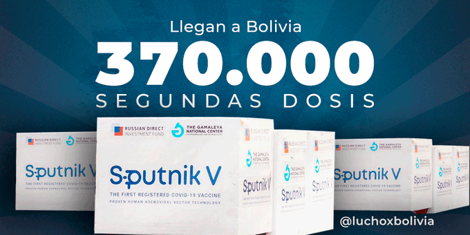 Bolivia recibirá 370.000 unidades de la segunda dosis de la vacuna Sputnik V durante la próxima semana