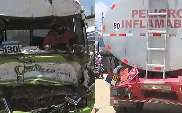 Chofer queda atrapado entre los fierros tras el choque de un micro con una cisterna en Santa Cruz