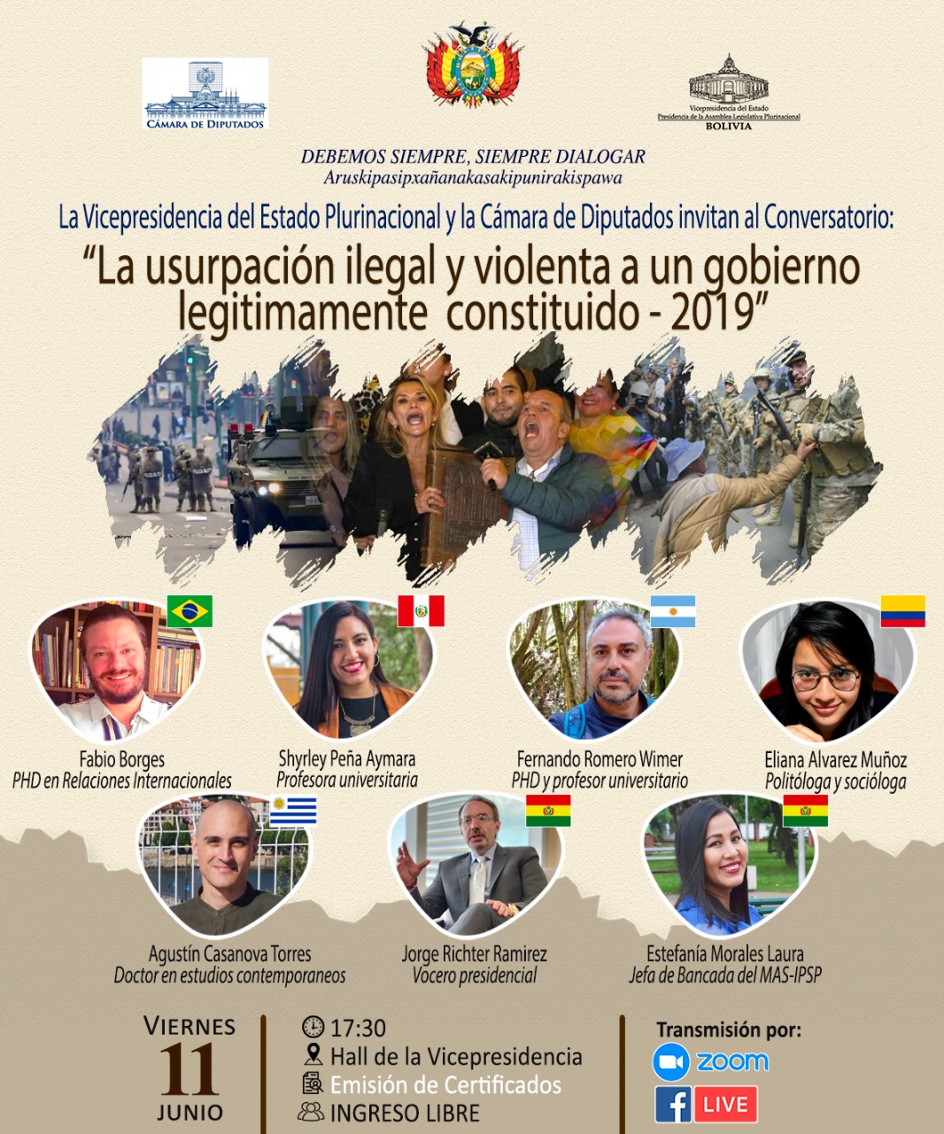 Expertos nacionales e internacionales se reúnen en conversatorio para hablar sobre el golpe de Estado de 2019 en Bolivia