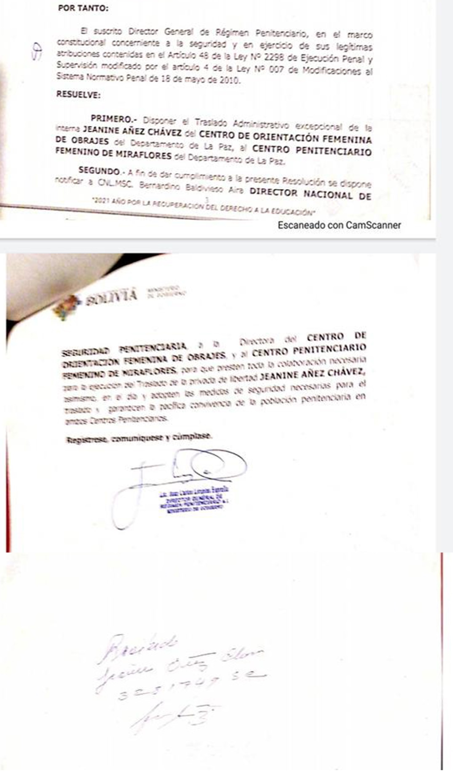 Documento demuestra que Áñez fue trasladada a la cárcel de Miraflores con su pleno consentimiento y conocimiento