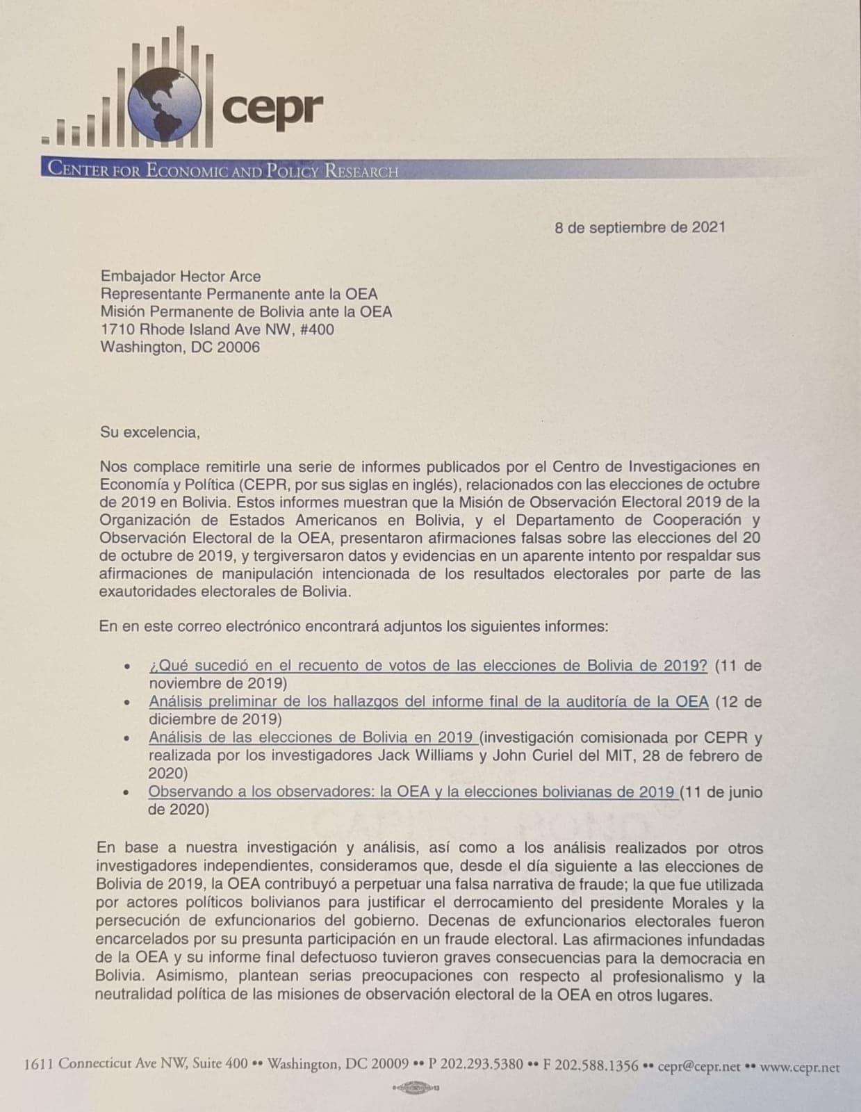 Misión permanente de Bolivia ante la OEA, remite informes que establecen la inexistencia de fraude electoral en 2019