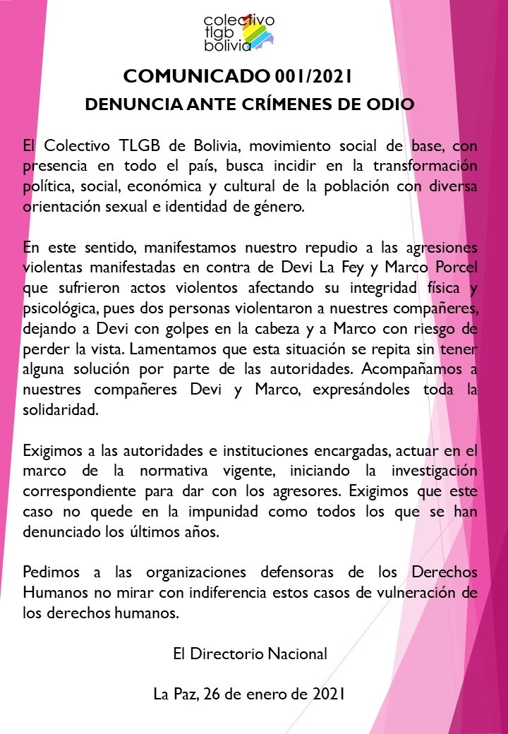 Colectivo TLGB repudia agresión a dos personas de esa organización y pide investigación