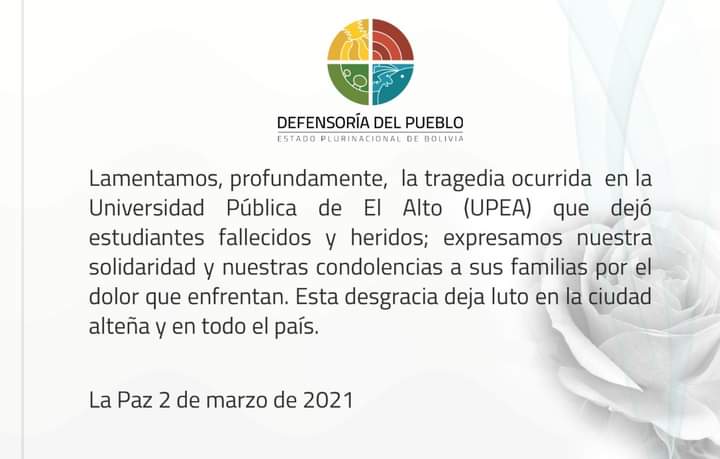 Defensoría lamenta fallecimiento de estudiantes de la UPEA y pide investigación para establecer responsabilidades