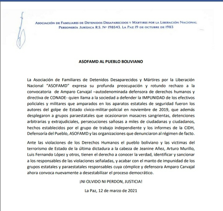 Asofamd pide acabar con la impunidad de militares y policías que participaron del golpe de Estado en 2019