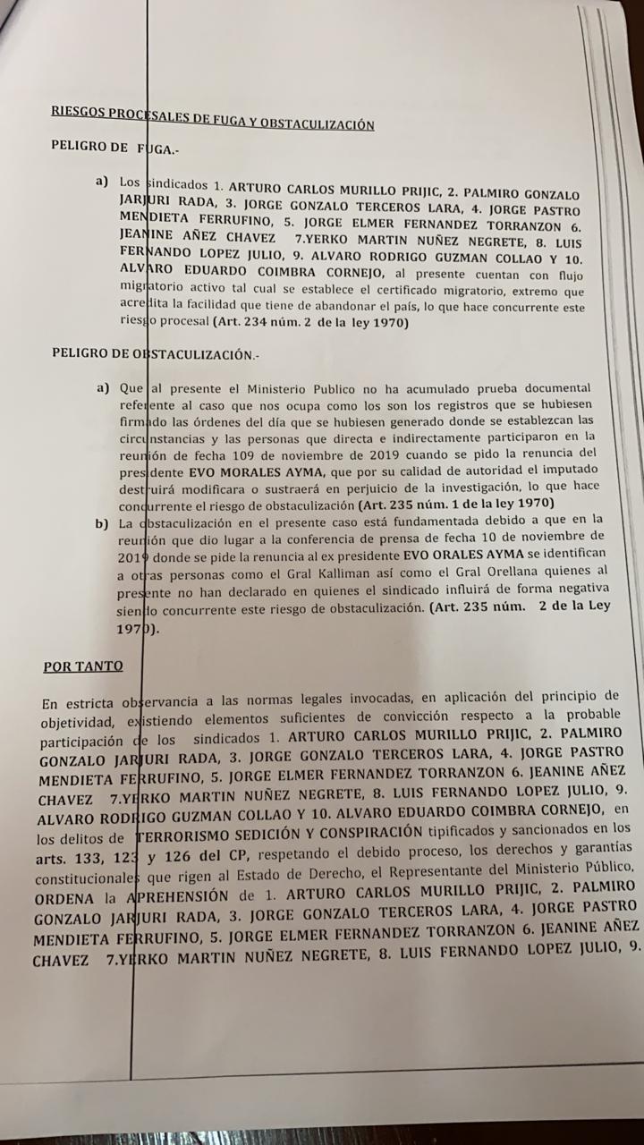 Emiten orden de aprehensión contra Áñez y cinco exministros del gobierno de facto