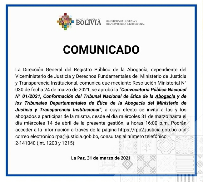 Ministerio de Justicia lanza convocatoria para conformar Tribunal de Ética de la Abogacía