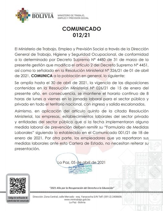 Ministerio de Trabajo recuerda que se mantiene el horario continuo hasta fines de abril