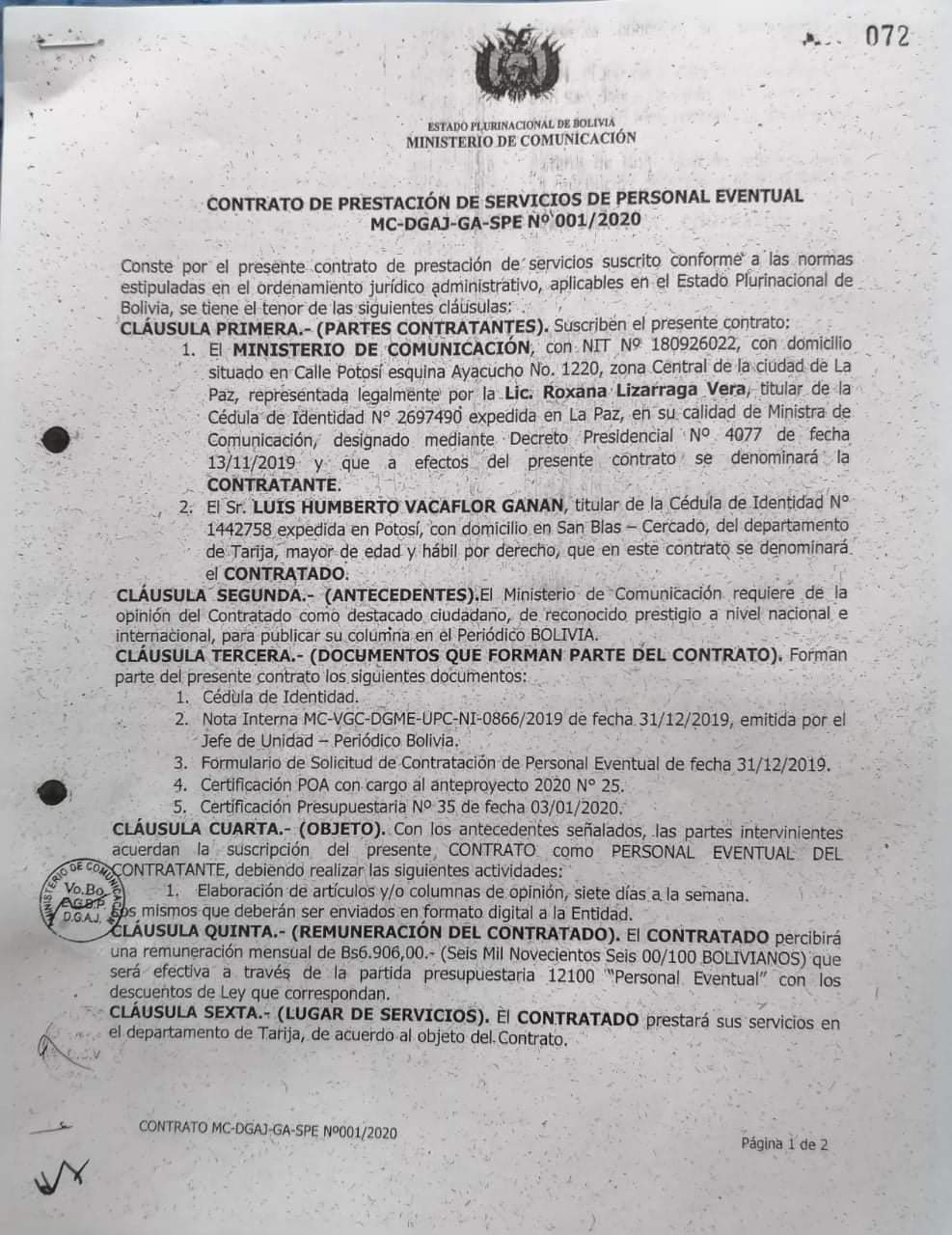 Contrato devela que periodista Humberto Vacaflor cobró del Estado Bs 82 mil por columnas de opinión