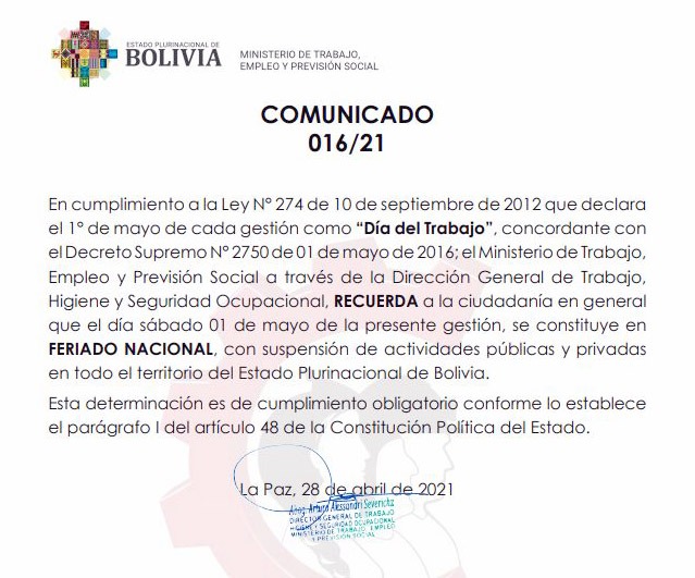 Gobierno confirma feriado para el sábado 1 de mayo por el Día del Trabajo