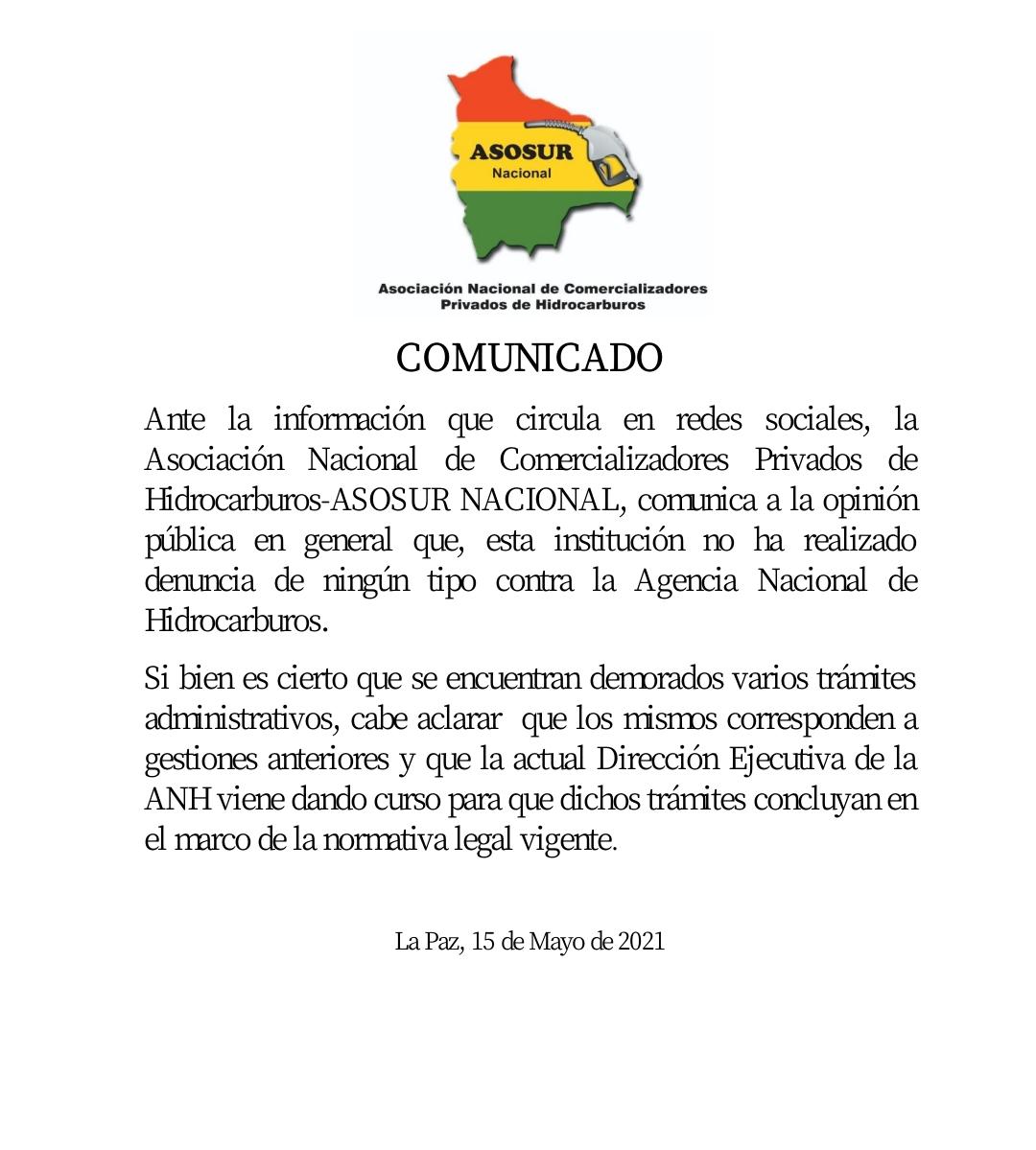 Asosur aclara que no realizó ninguna denuncia en contra de la ANH