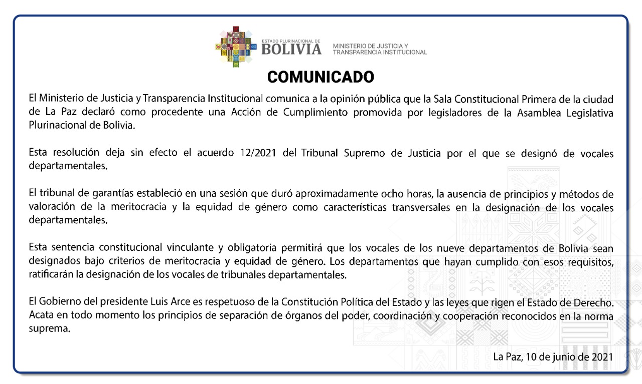 Resolución judicial deja sin efecto designación de vocales departamentales