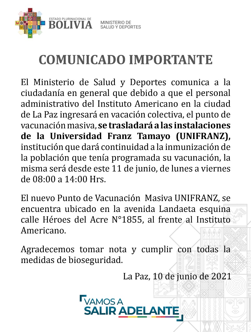 Punto de vacunación masiva del Instituto Americano se traslada a instalaciones de la Universidad Franz Tamayo