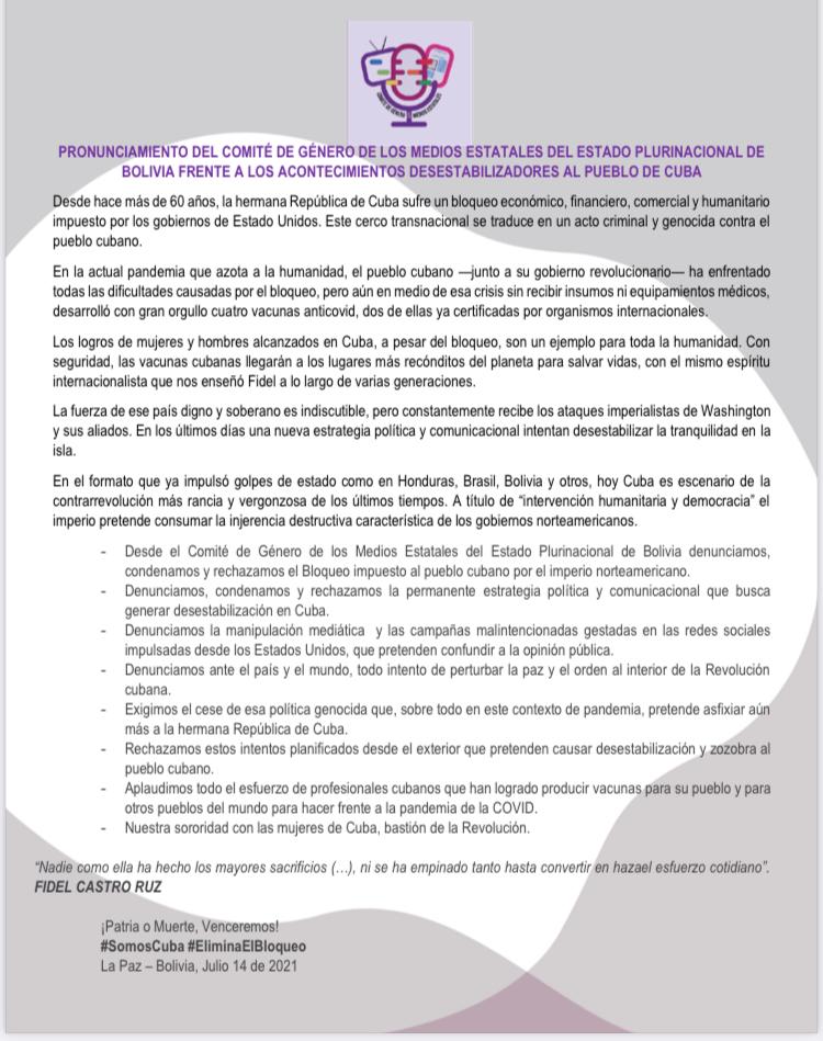 Comité de Género de medios estatales de Bolivia condena estrategia comunicacional para desestabilizar Cuba