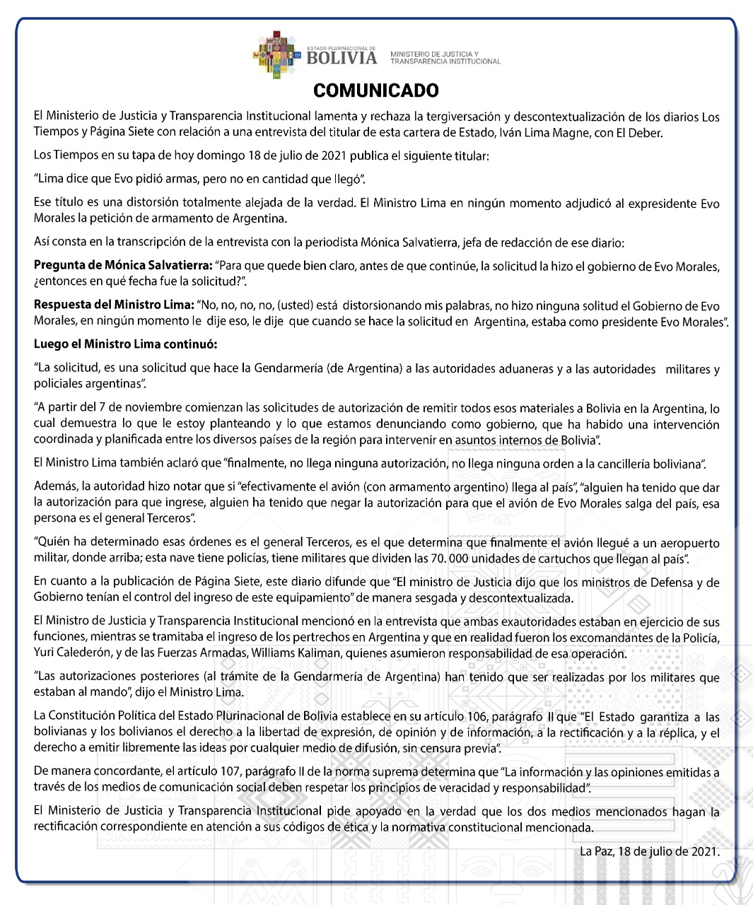 Justicia lamenta tergiversación de entrevista del ministro Iván Lima