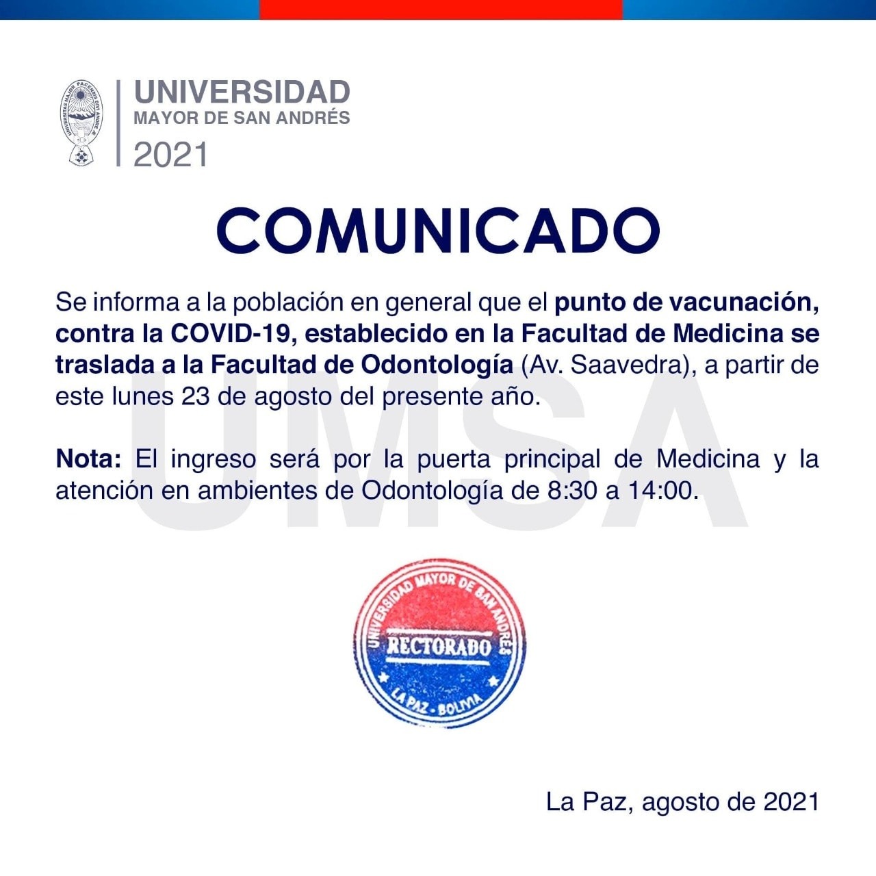 Trasladan punto de vacunación de la Facultad de Medicina a su similar de Odontología en La Paz