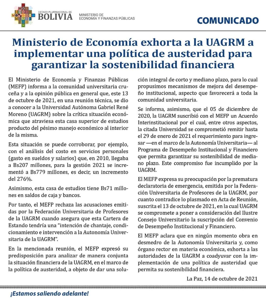 Economía exhorta a la UAGRM a implementar política de austeridad para garantizar sostenibilidad financiera
