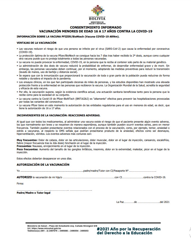 Habilitan formulario de autorización de vacunación a menores de 16 a 17 años en página web