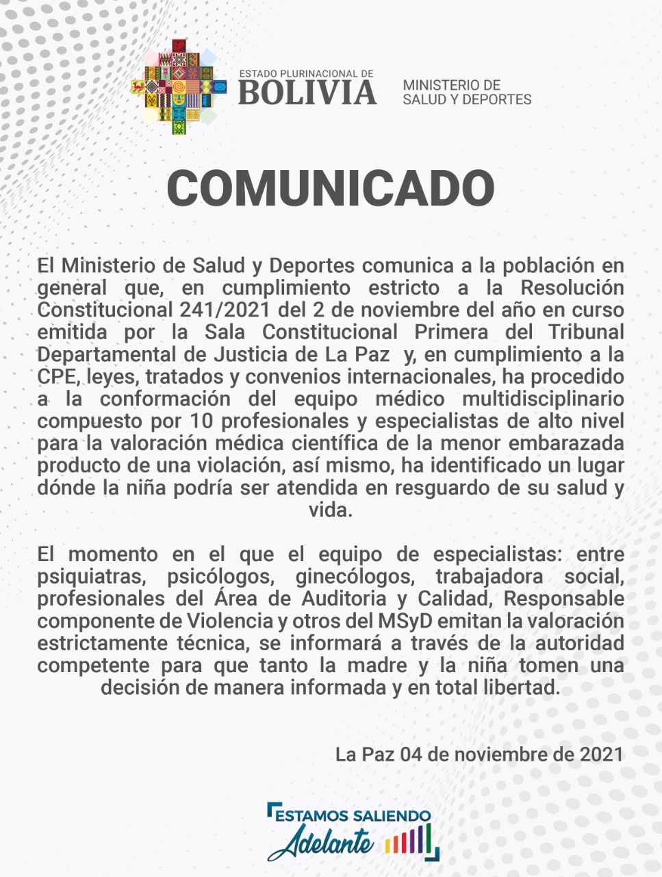 Salud organiza equipo multidisciplinario para valorar la situación de la niña embarazada producto de una violación