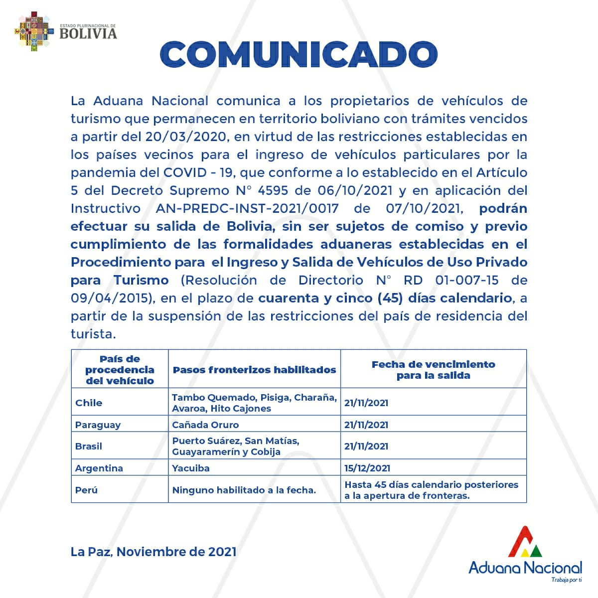 Aduana habilita pasos fronterizos para la salida de vehículos de uso para turismo