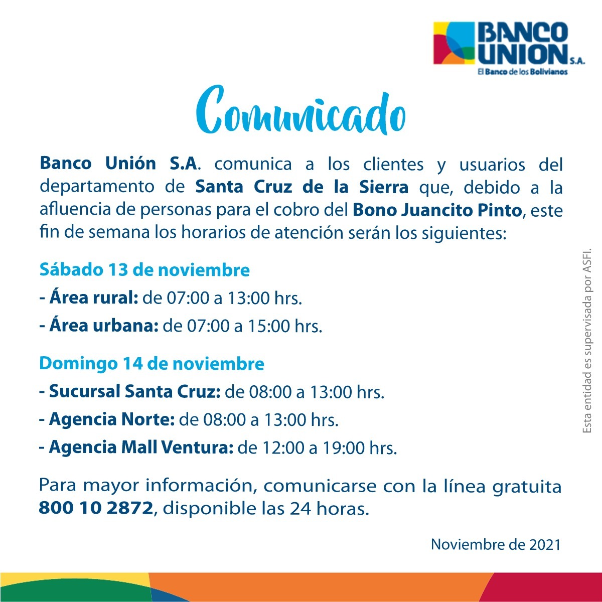 Banco Unión atenderá el fin de semana en Santa Cruz para el pago del Bono Juancito Pinto