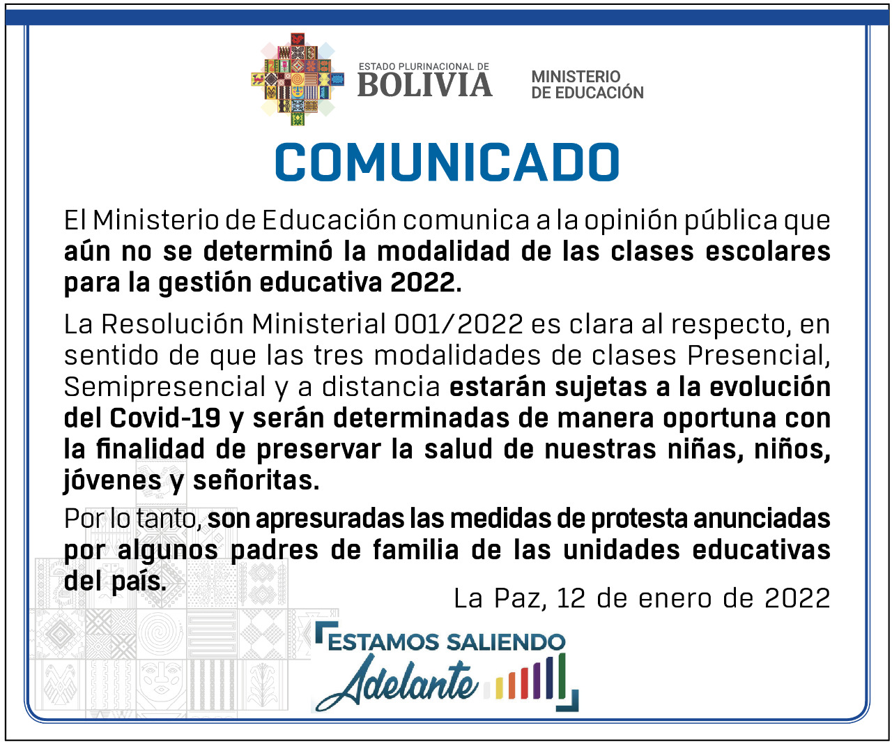 Ministerio de Educación aún no determina la modalidad de clases para esta gestión escolar