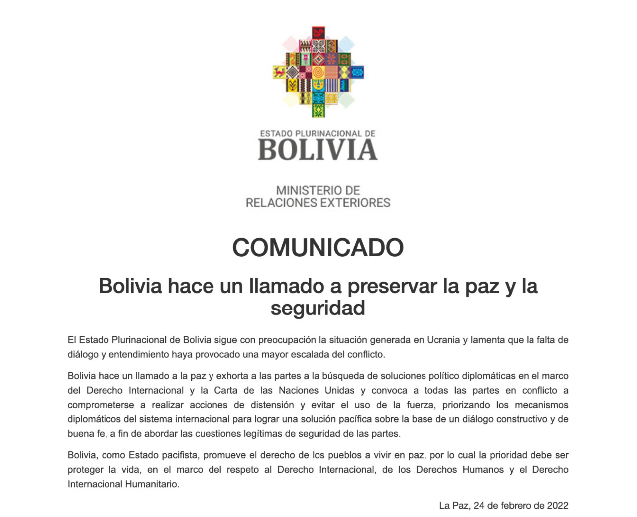 Bolivia hace un llamado a preservar la paz y la seguridad en conflicto en Ucrania