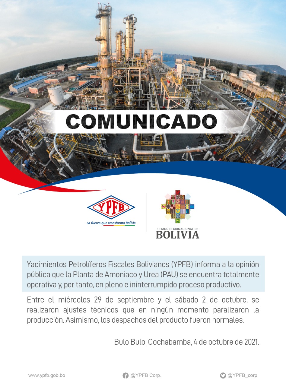 YPFB: Planta de urea opera sin ninguna interrupción y fue sometida a ajustes técnicos